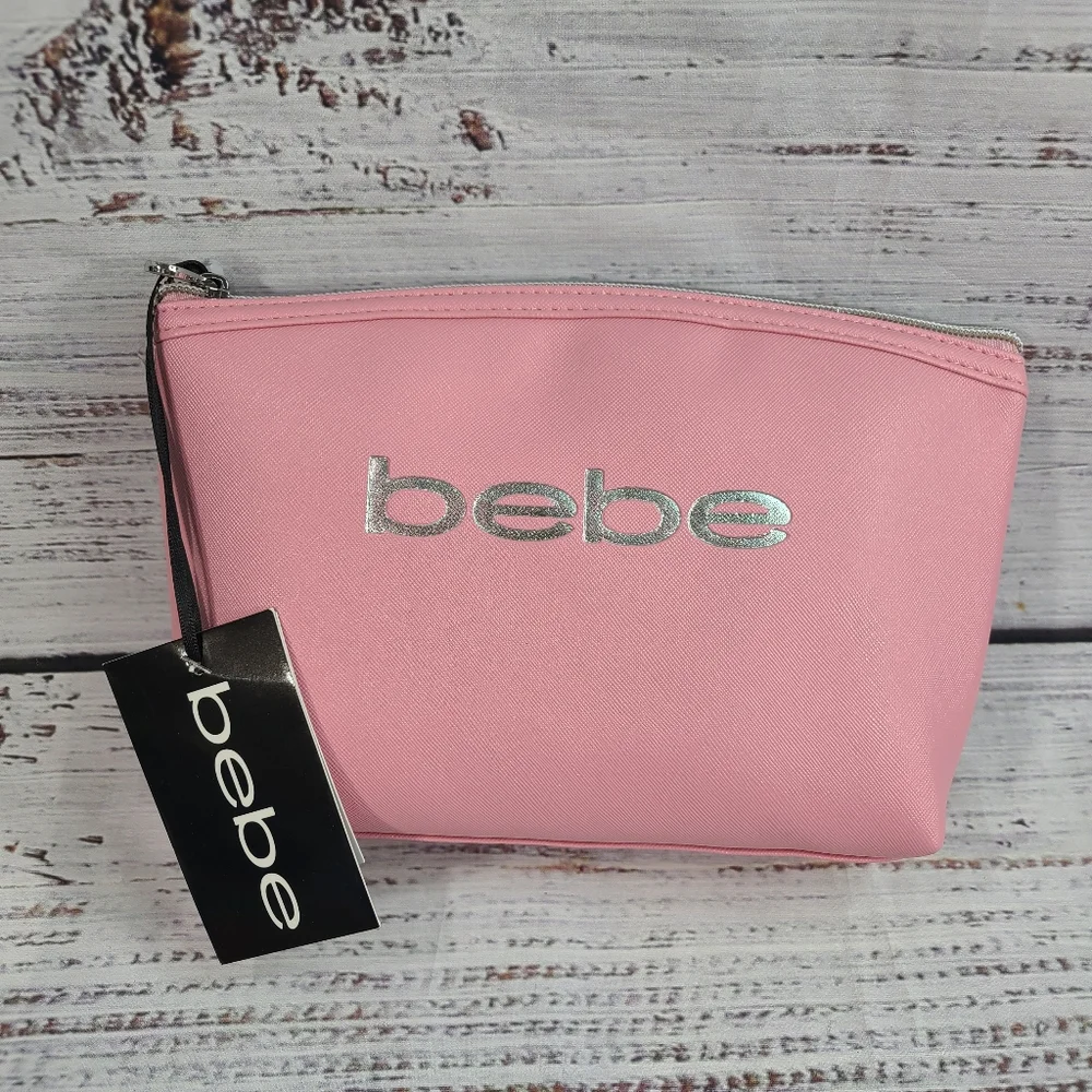 Bebe Pink Cosmetic Bag Sleek Design Zipper Closure With Two 1.6 Oz Bottles NWT
